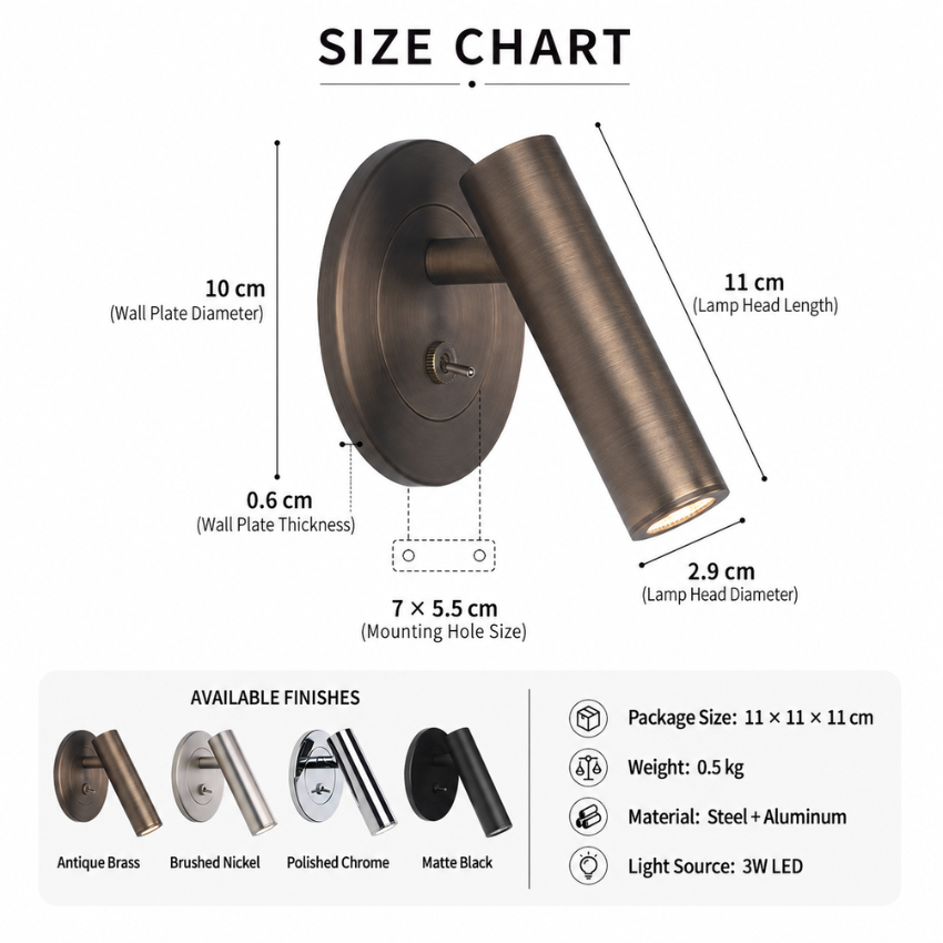 Wall Reading Light | Adjustable Cylinder Head, 3W LED, Toggle Switch | Bedside Wall Lamp in 4 Metal Finishes