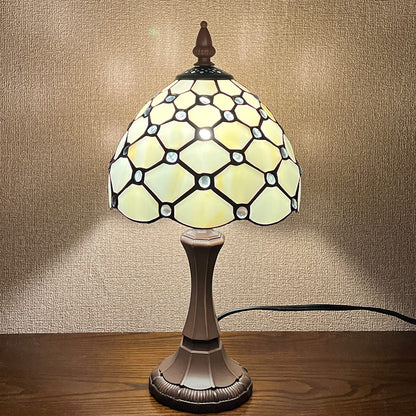Tiffany-Style Table Lamp | 8 in Stained Glass Shade in a White Beaded Pattern | Resin Base, 16 in Tall, E12