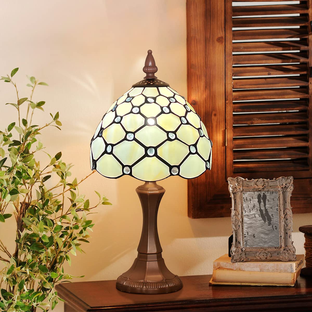Tiffany-Style Table Lamp | 8 in Stained Glass Shade in a White Beaded Pattern | Resin Base, 16 in Tall, E12
