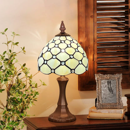 Tiffany-Style Table Lamp | 8 in Stained Glass Shade in a White Beaded Pattern | Resin Base, 16 in Tall, E12