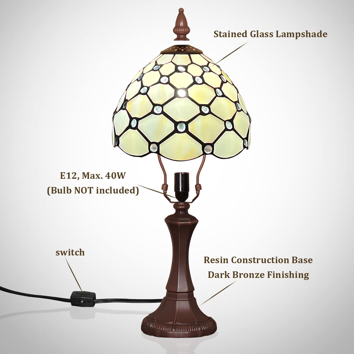 Tiffany-Style Table Lamp | 8 in Stained Glass Shade in a White Beaded Pattern | Resin Base, 16 in Tall, E12