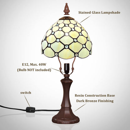 Tiffany-Style Table Lamp | 8 in Stained Glass Shade in a White Beaded Pattern | Resin Base, 16 in Tall, E12