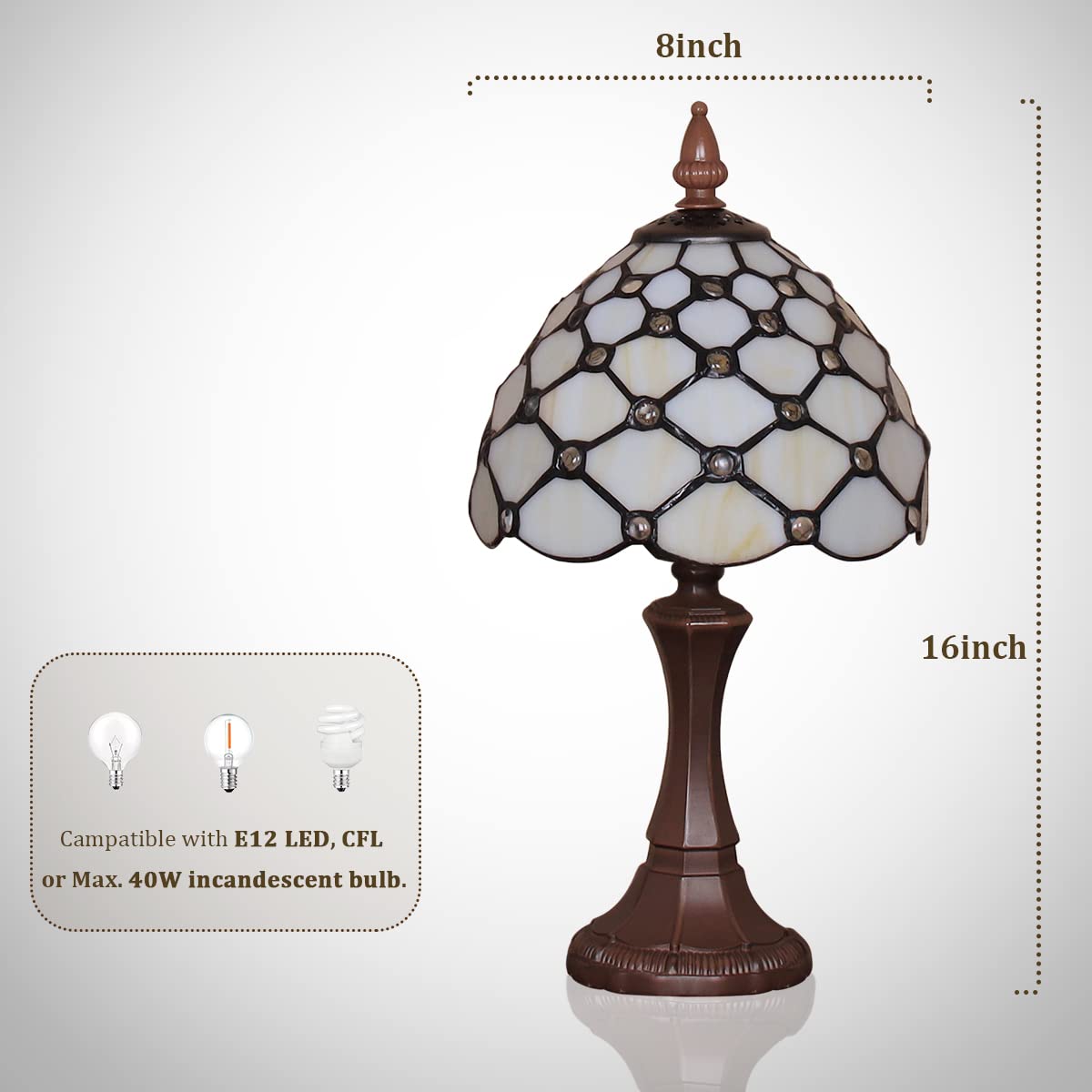 Tiffany-Style Table Lamp | 8 in Stained Glass Shade in a White Beaded Pattern | Resin Base, 16 in Tall, E12