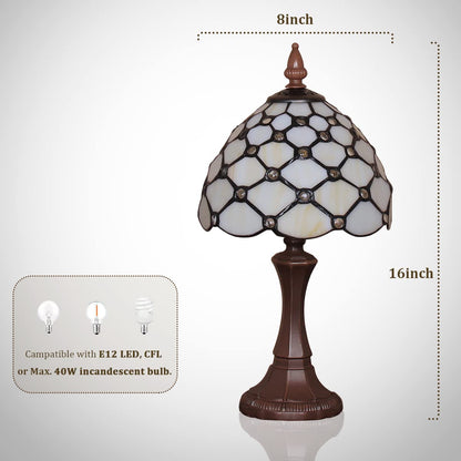 Tiffany-Style Table Lamp | 8 in Stained Glass Shade in a White Beaded Pattern | Resin Base, 16 in Tall, E12