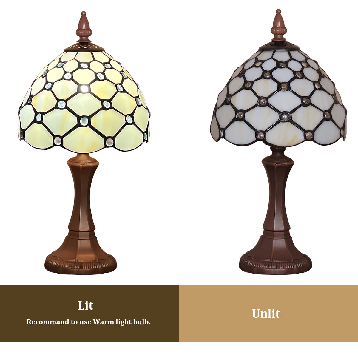 Tiffany-Style Table Lamp | 8 in Stained Glass Shade in a White Beaded Pattern | Resin Base, 16 in Tall, E12