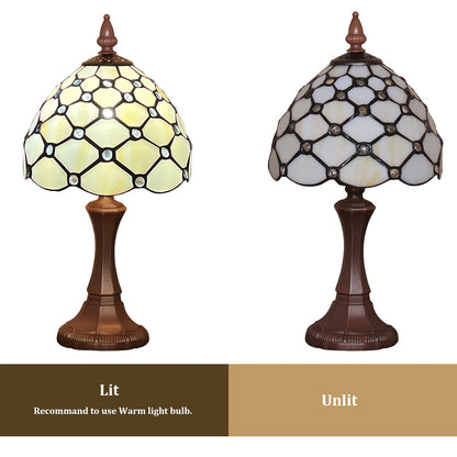 Tiffany-Style Table Lamp | 8 in Stained Glass Shade in a White Beaded Pattern | Resin Base, 16 in Tall, E12