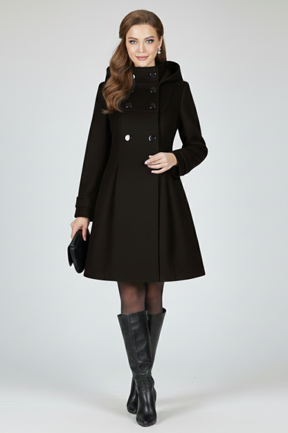 Women's Hooded Coat | Double-Breasted Button Front, A-Line Knee Length, Flap Pockets | 3 Colours, S to 3XL