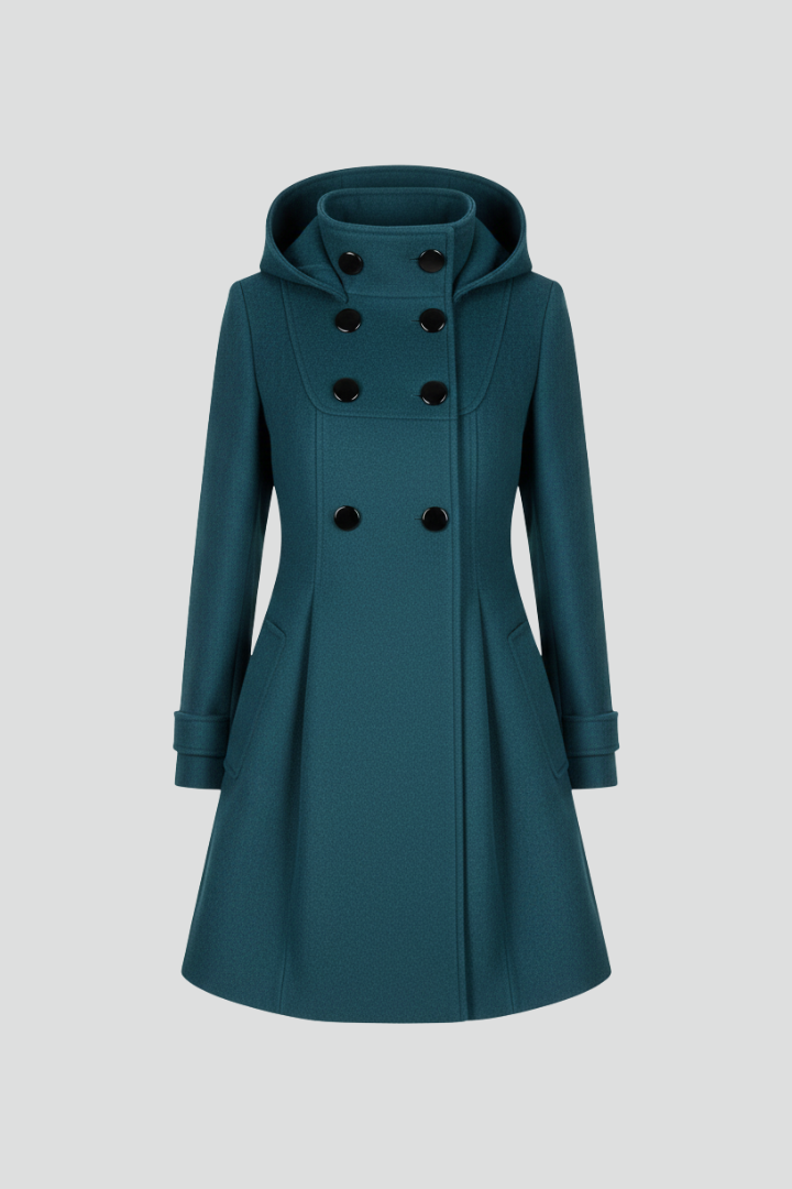 Women's Hooded Coat | Double-Breasted Button Front, A-Line Knee Length, Flap Pockets | 3 Colours, S to 3XL