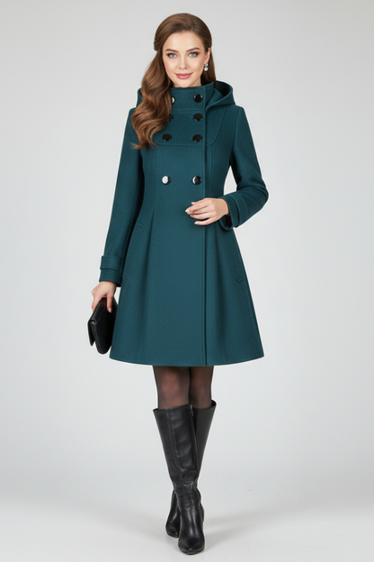 Women's Hooded Coat | Double-Breasted Button Front, A-Line Knee Length, Flap Pockets | 3 Colours, S to 3XL