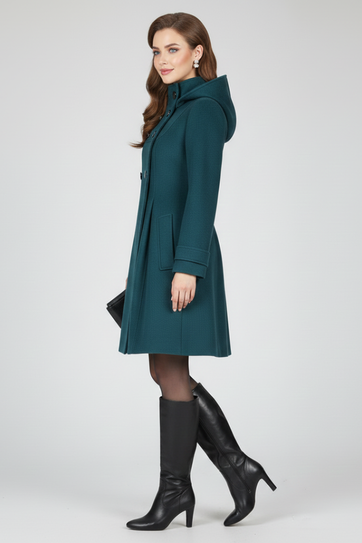 Women's Hooded Coat | Double-Breasted Button Front, A-Line Knee Length, Flap Pockets | 3 Colours, S to 3XL