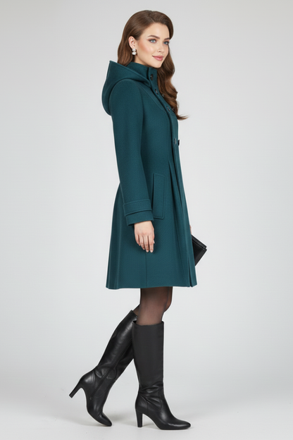 Women's Hooded Coat | Double-Breasted Button Front, A-Line Knee Length, Flap Pockets | 3 Colours, S to 3XL