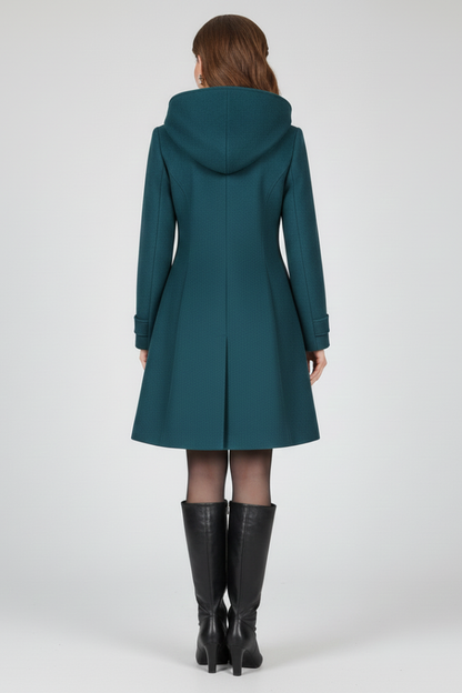 Women's Hooded Coat | Double-Breasted Button Front, A-Line Knee Length, Flap Pockets | 3 Colours, S to 3XL