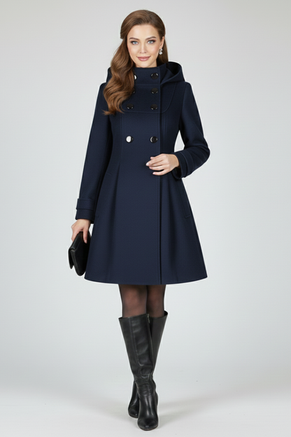 Women's Hooded Coat | Double-Breasted Button Front, A-Line Knee Length, Flap Pockets | 3 Colours, S to 3XL