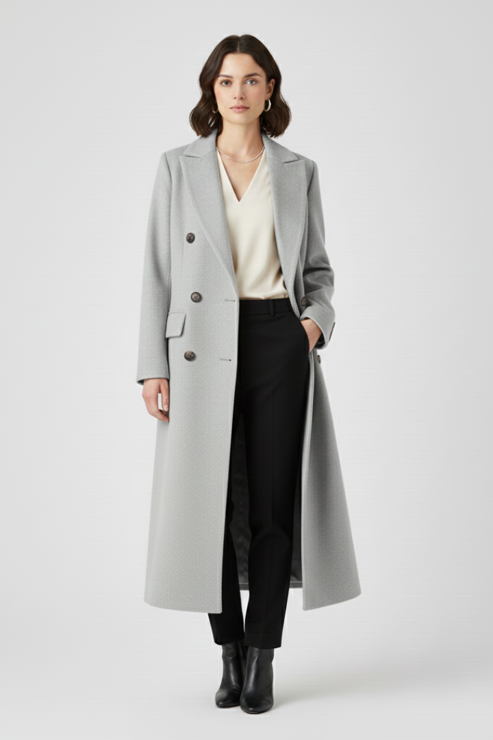 Women's Long Coat | Notched Lapel, Double-Breasted Buttons, Flap Pockets, Plain Woven Fabric | 6 Colours, S to 3XL
