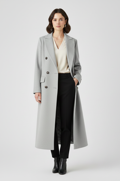 Women's Long Coat | Notched Lapel, Double-Breasted Buttons, Flap Pockets, Plain Woven Fabric | 6 Colours, S to 3XL
