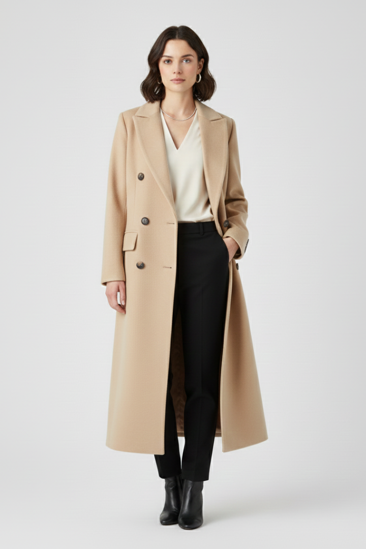 Women's Long Coat | Notched Lapel, Double-Breasted Buttons, Flap Pockets, Plain Woven Fabric | 6 Colours, S to 3XL