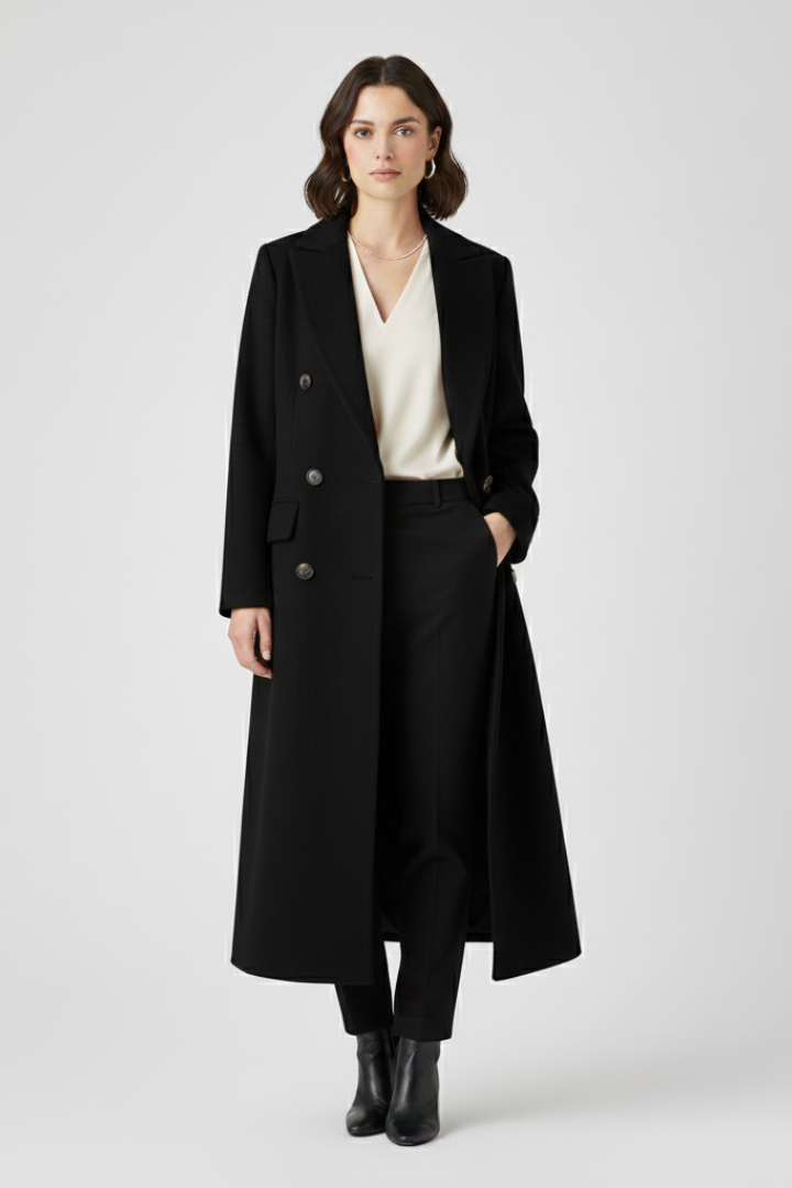 Women's Long Coat | Notched Lapel, Double-Breasted Buttons, Flap Pockets, Plain Woven Fabric | 6 Colours, S to 3XL