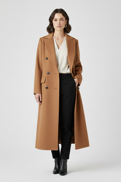 Women's Long Coat | Notched Lapel, Double-Breasted Buttons, Flap Pockets, Plain Woven Fabric | 6 Colours, S to 3XL