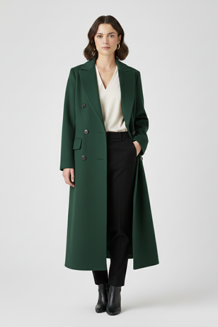 Women's Long Coat | Notched Lapel, Double-Breasted Buttons, Flap Pockets, Plain Woven Fabric | 6 Colours, S to 3XL