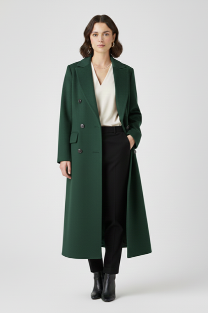 Women's Long Coat | Notched Lapel, Double-Breasted Buttons, Flap Pockets, Plain Woven Fabric | 6 Colours, S to 3XL