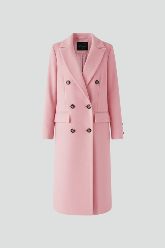 Women's Long Coat | Notched Lapel, Double-Breasted Buttons, Flap Pockets, Plain Woven Fabric | 6 Colours, S to 3XL