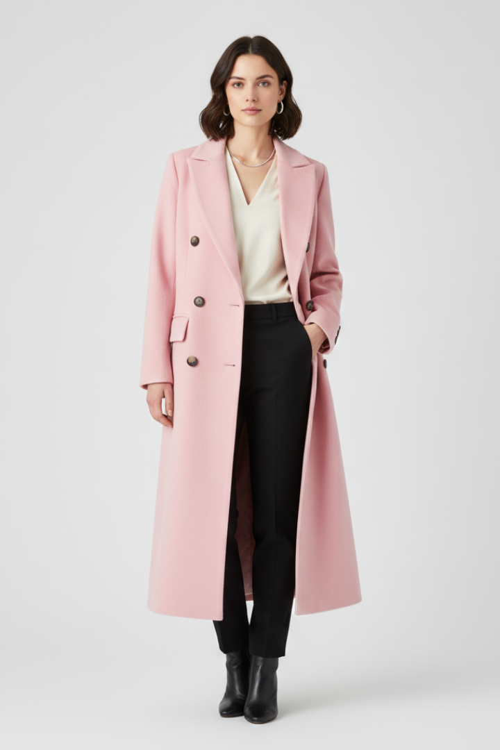 Women's Long Coat | Notched Lapel, Double-Breasted Buttons, Flap Pockets, Plain Woven Fabric | 6 Colours, S to 3XL
