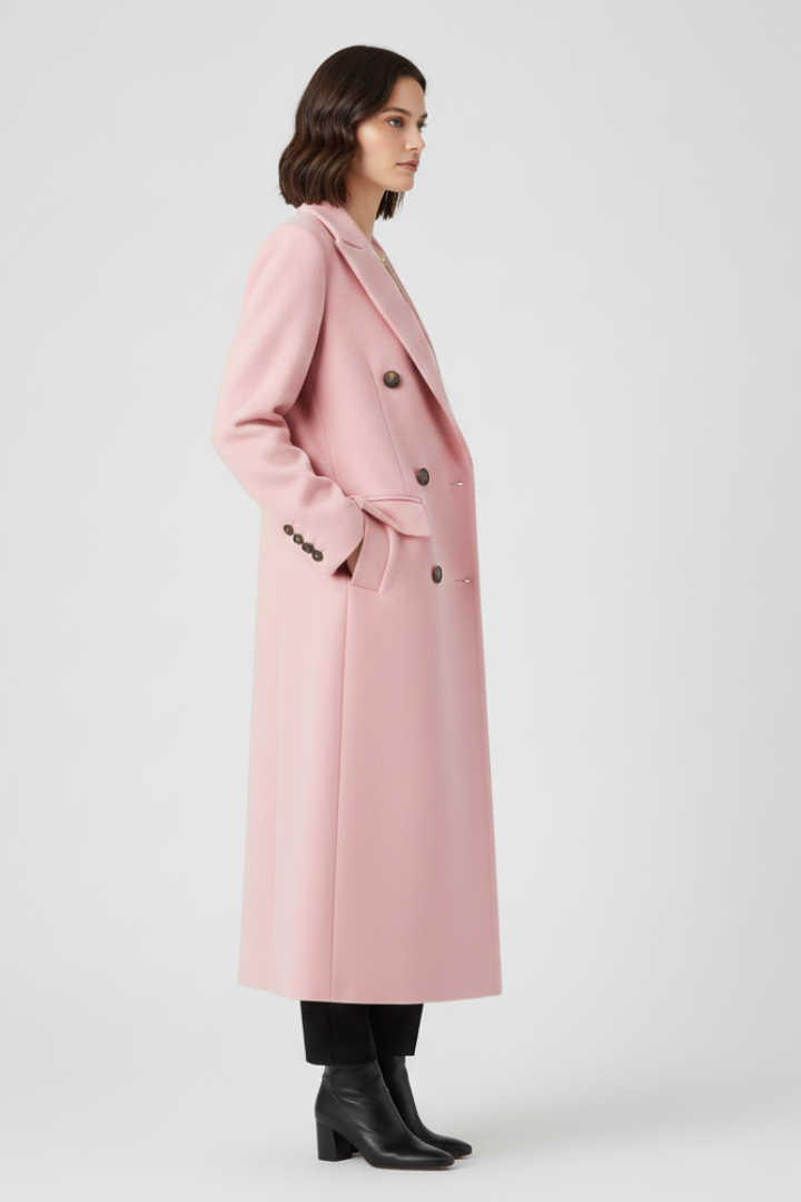 Women's Long Coat | Notched Lapel, Double-Breasted Buttons, Flap Pockets, Plain Woven Fabric | 6 Colours, S to 3XL