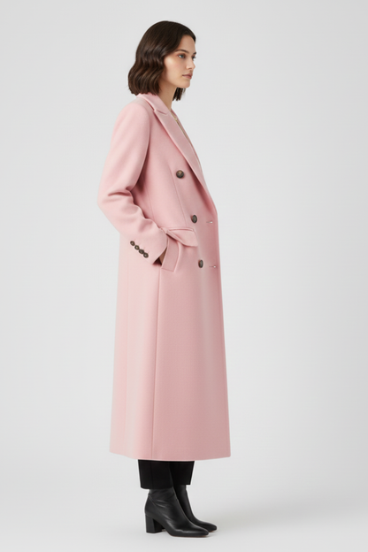 Women's Long Coat | Notched Lapel, Double-Breasted Buttons, Flap Pockets, Plain Woven Fabric | 6 Colours, S to 3XL