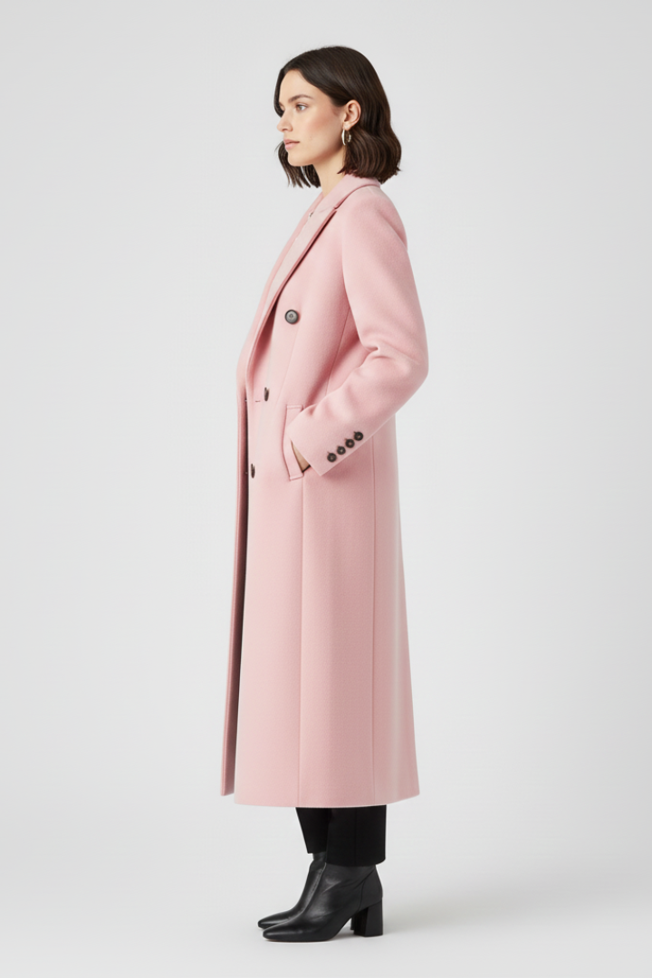 Women's Long Coat | Notched Lapel, Double-Breasted Buttons, Flap Pockets, Plain Woven Fabric | 6 Colours, S to 3XL
