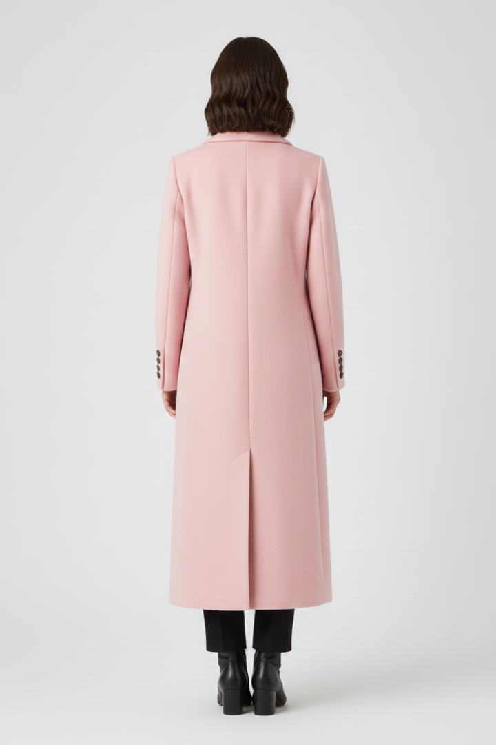 Women's Long Coat | Notched Lapel, Double-Breasted Buttons, Flap Pockets, Plain Woven Fabric | 6 Colours, S to 3XL