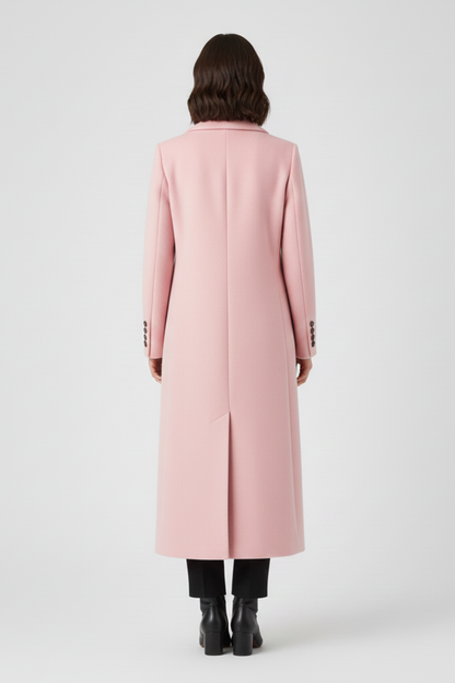 Women's Long Coat | Notched Lapel, Double-Breasted Buttons, Flap Pockets, Plain Woven Fabric | 6 Colours, S to 3XL