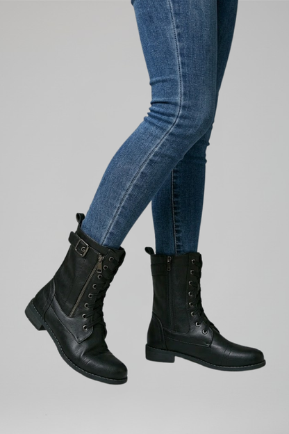 Women's Lace-Up Ankle Boots | Synthetic Leather, Side Zip, Flat Heel, Buckle Detail | 3 Colours, UK 2.5 to 9