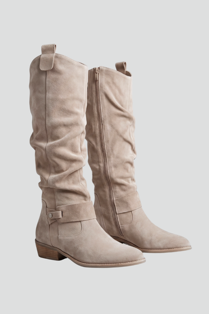 Women's Knee-High Boots | Synthetic Suede, Side Zip, Low Block Heel, Slouch Shaft | 4 Colours, UK 2 to 6
