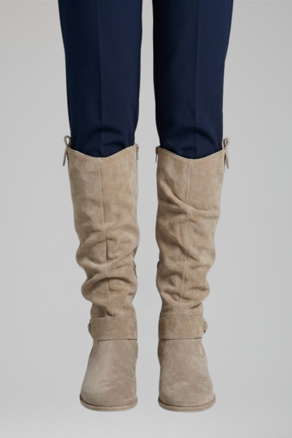 Women's Knee-High Boots | Synthetic Suede, Side Zip, Low Block Heel, Slouch Shaft | 4 Colours, UK 2 to 6