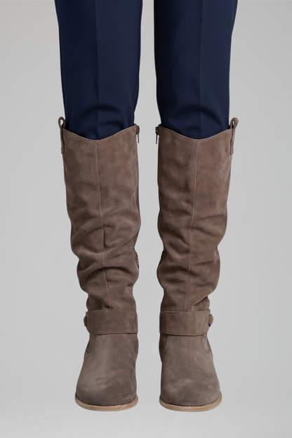 Women's Knee-High Boots | Synthetic Suede, Side Zip, Low Block Heel, Slouch Shaft | 4 Colours, UK 2 to 6