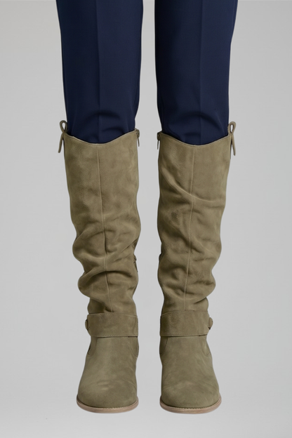 Women's Knee-High Boots | Synthetic Suede, Side Zip, Low Block Heel, Slouch Shaft | 4 Colours, UK 2 to 6