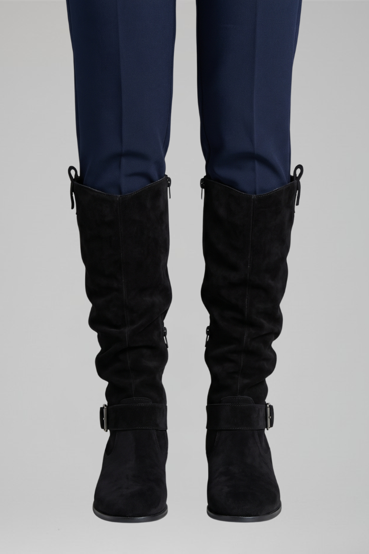 Women's Knee-High Boots | Synthetic Suede, Side Zip, Low Block Heel, Slouch Shaft | 4 Colours, UK 2 to 6