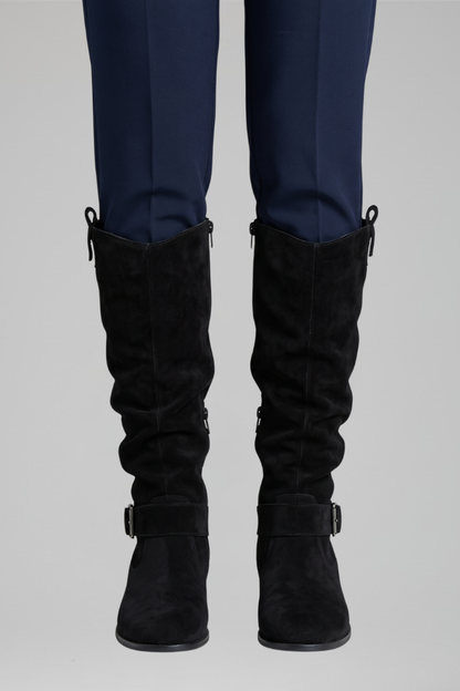 Women's Knee-High Boots | Synthetic Suede, Side Zip, Low Block Heel, Slouch Shaft | 4 Colours, UK 2 to 6