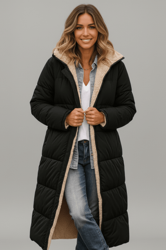 Women's Longline Puffer Coat | Quilted Hooded Design with Contrast Lining, Zip Front | 7 Colours, S to 3XL