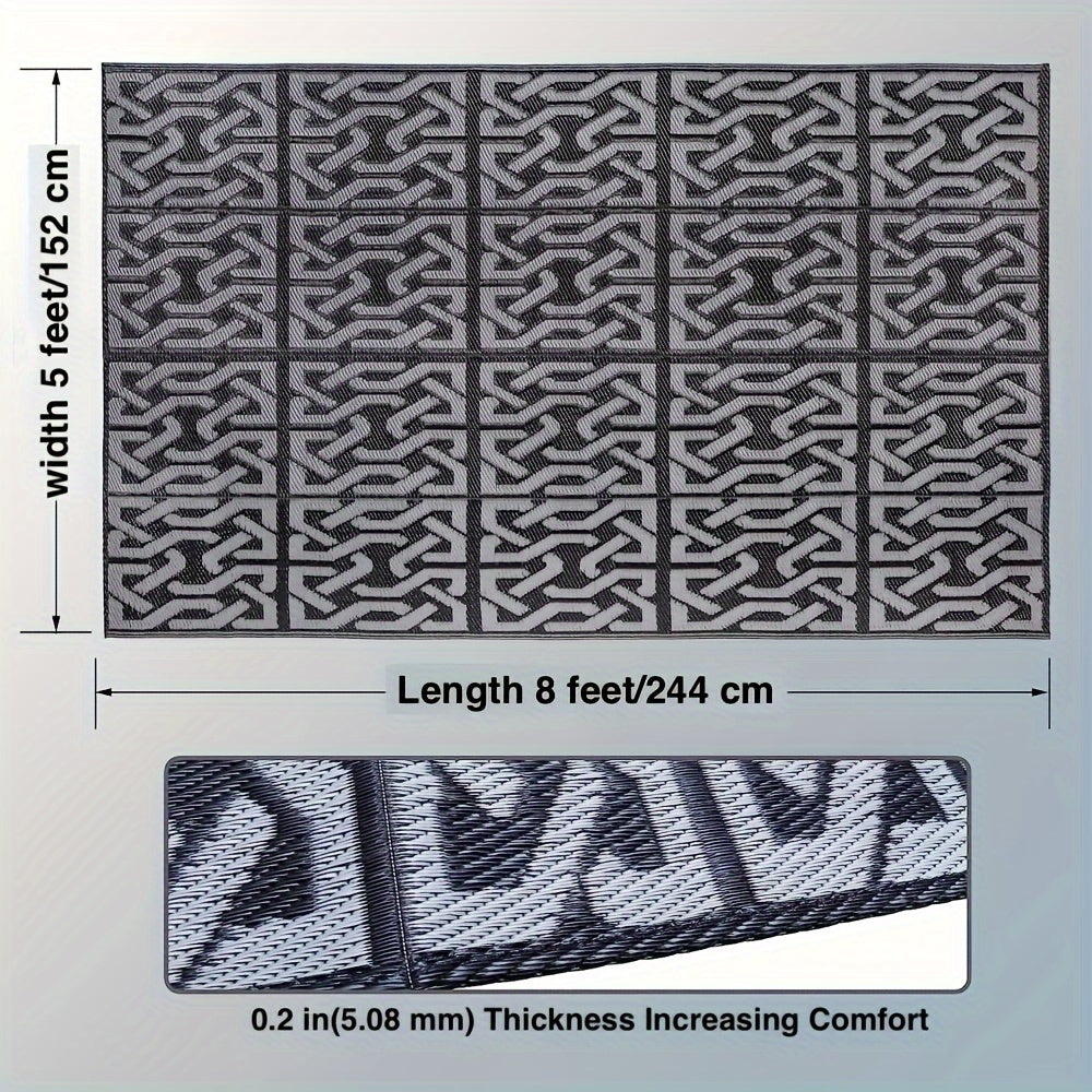 Outdoor Rug | Reversible Black & Grey Geometric Mat, Lightweight & Easy to Clean