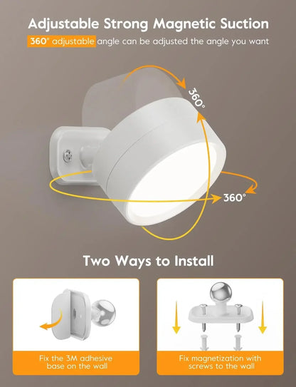 Rechargeable Wall Sconce | Magnetic LED Puck Light, 360° Swivel | Remote and Touch Dimming, Single or Set of 2