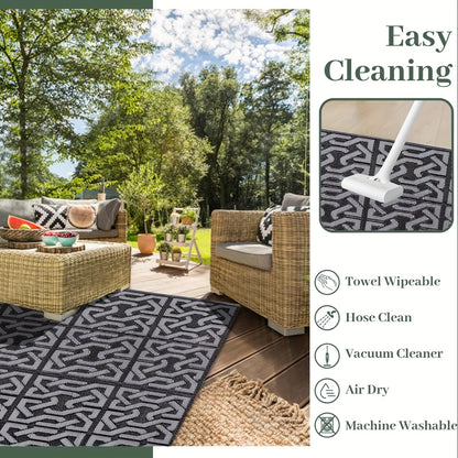 Outdoor Rug | Reversible Black & Grey Geometric Mat, Lightweight & Easy to Clean