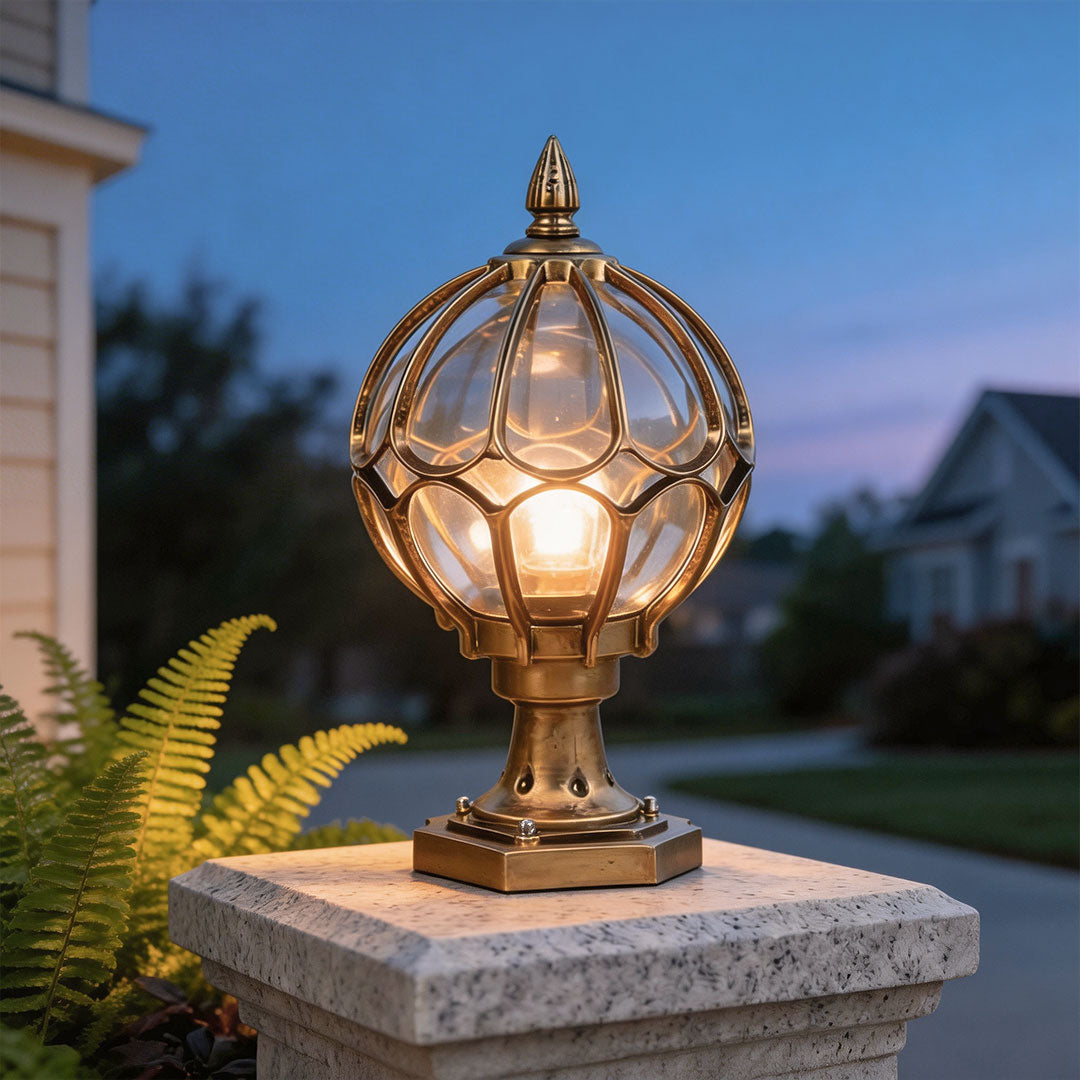 Outdoor Globe Pillar Light | Retro Glass Shade with Copper Base | IP54 Weather-Resistant Design