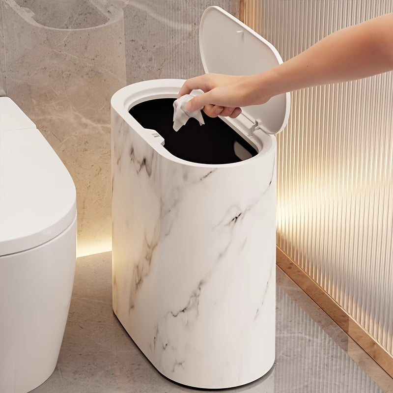Marble Pattern Trash Can | Space-Saving Oval Design with Lid