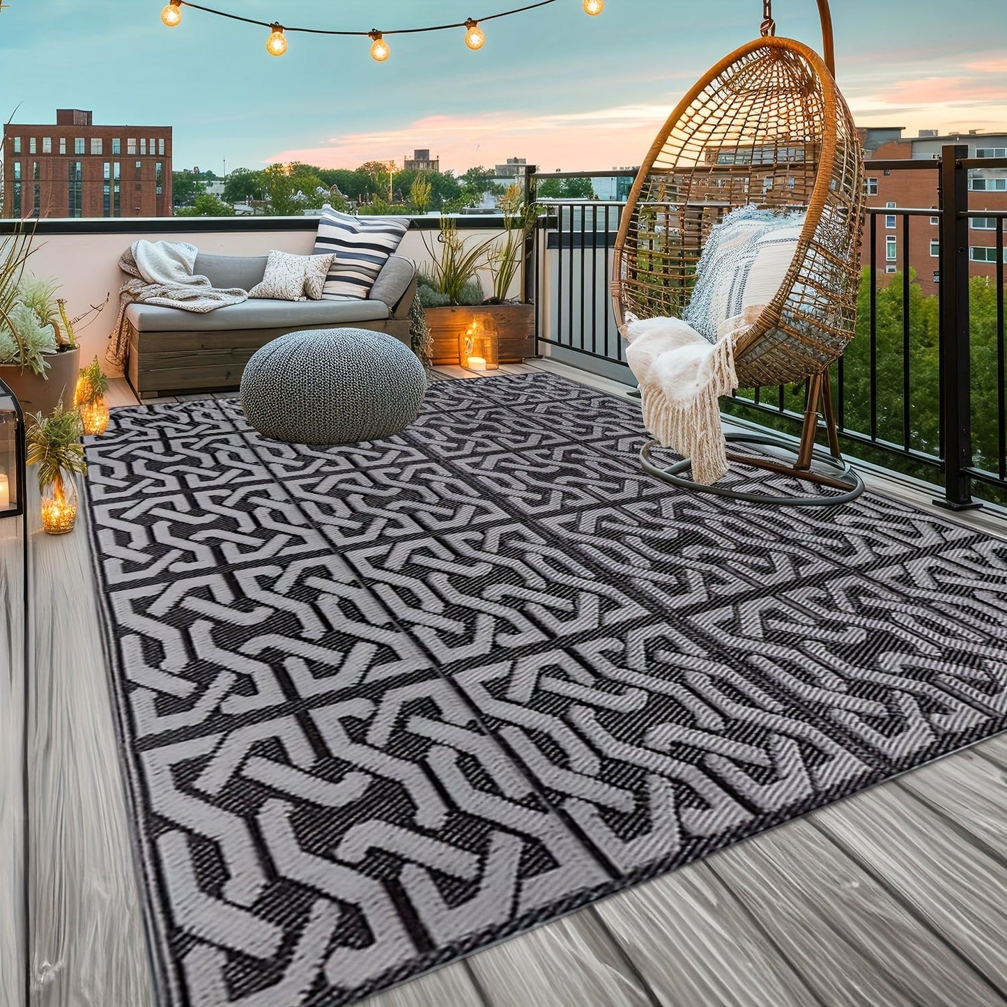 Outdoor Rug | Reversible Black & Grey Geometric Mat, Lightweight & Easy to Clean