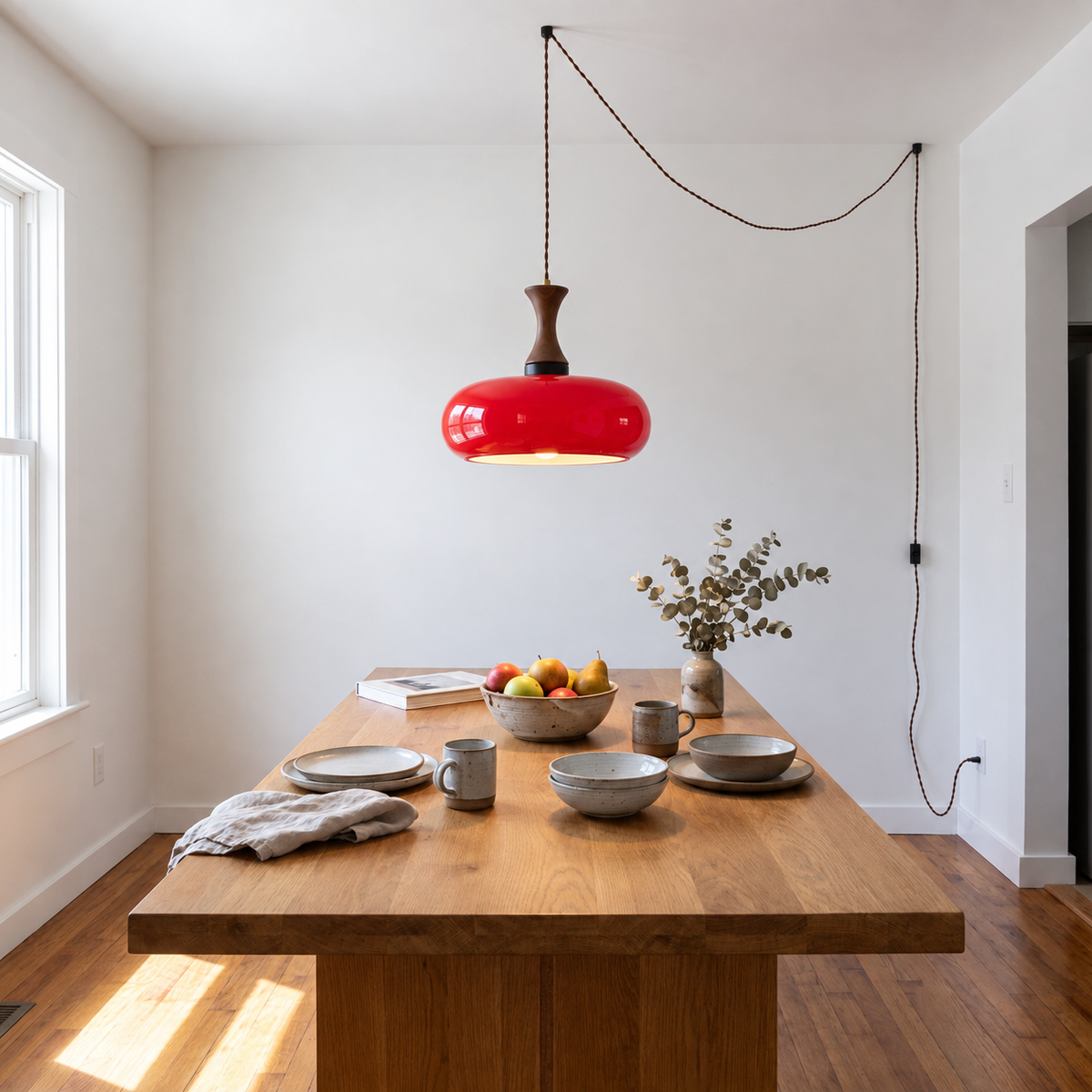 Plug-In Pendant Light | 11 in Tinted Glass Shade on a Turned Wood Stem | 177 in Cord, In-Line Switch, E26
