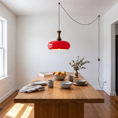 Plug-In Pendant Light | 11 in Tinted Glass Shade on a Turned Wood Stem | 177 in Cord, In-Line Switch, E26