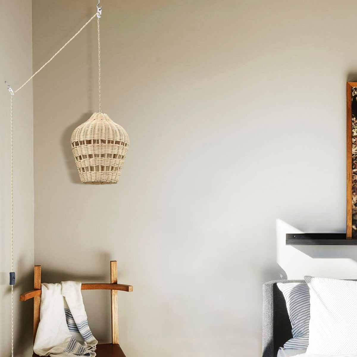 Rattan Plug-In Pendant Light | Woven Boho Shade, 16.4 ft Cord with Switch | E26, Kitchen & Bedroom Hanging Lamp