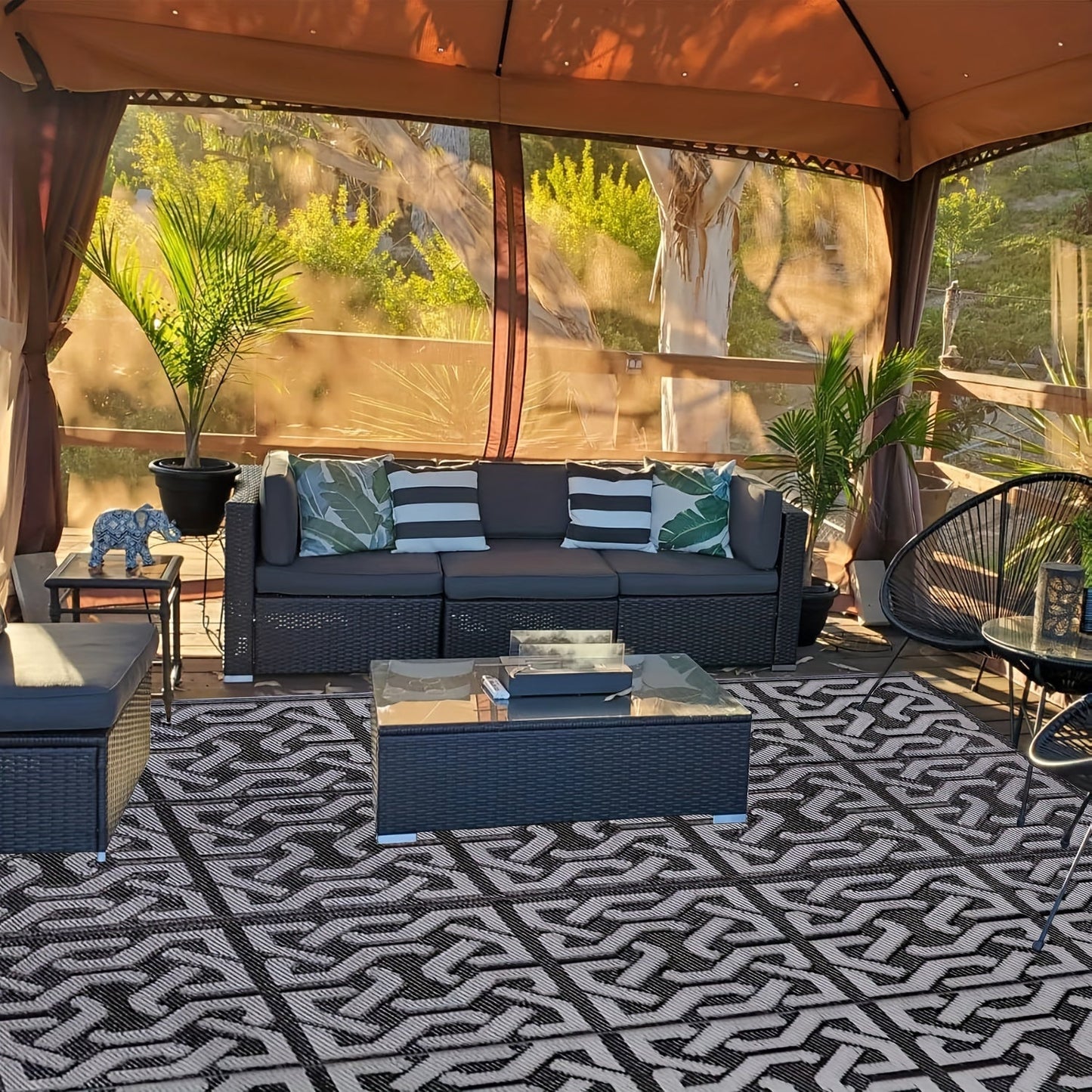 Outdoor Rug | Reversible Black & Grey Geometric Mat, Lightweight & Easy to Clean