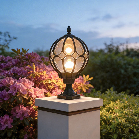 Outdoor Globe Pillar Light | Retro Glass Shade with Copper Base | IP54 Weather-Resistant Design